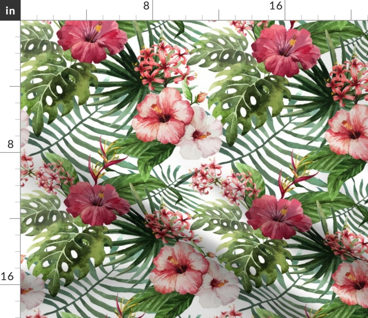 Hawaii Watercolor Hibiscus Flowers Floral Tropical Summer Palm Leaf Custom Printed Fabric by Spoonflower Various Fabrics by the Yard or Fat Quarter